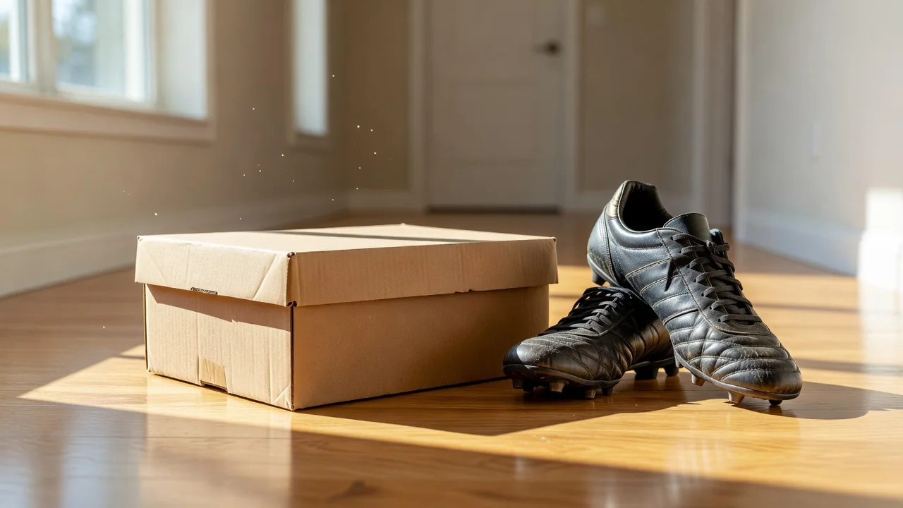 Plain cardboard parcel with football boots beside it on a bright hallway floor
