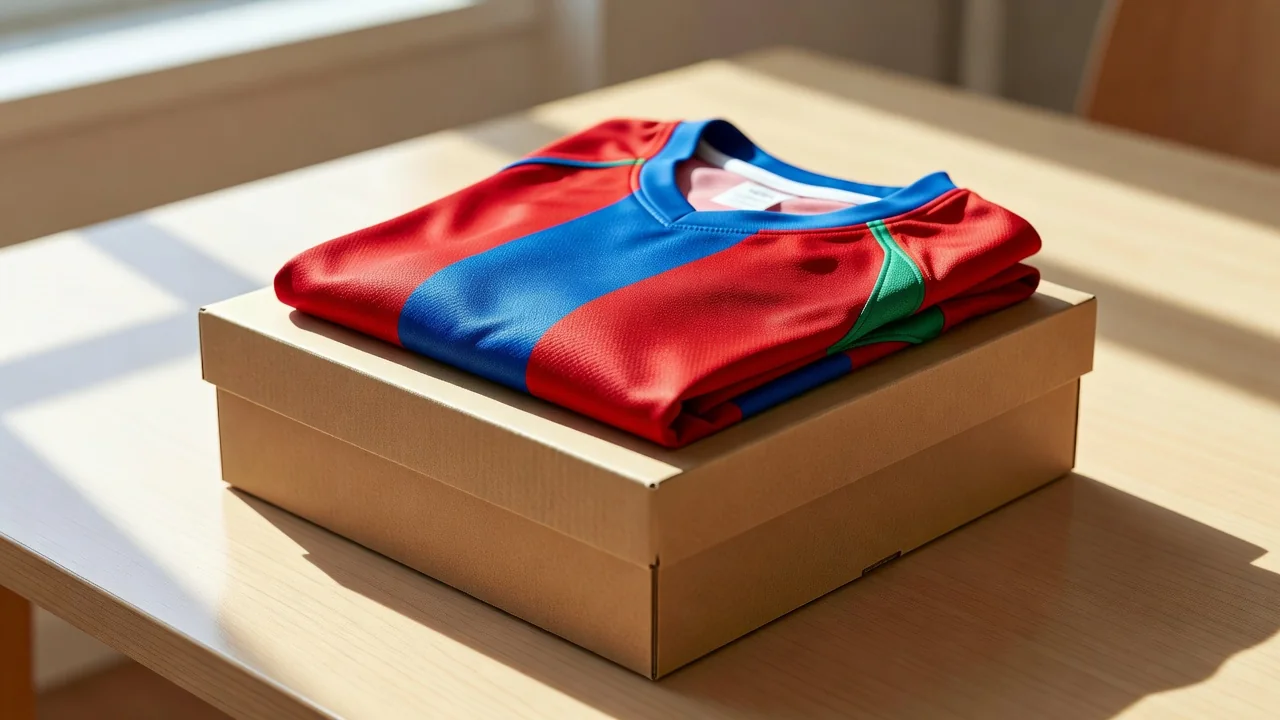Football shirt folded on top of a blank cardboard box on a bright table