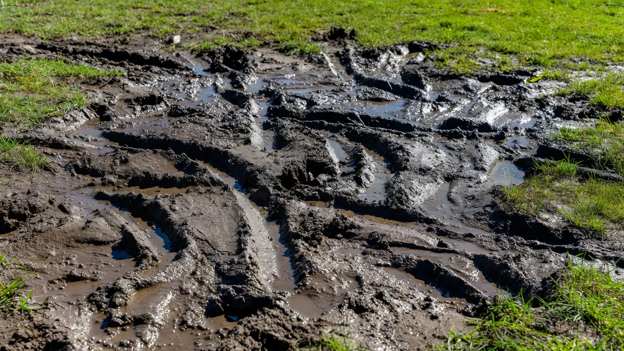 Muddy pitch surface with deep stud marks in bright daylight