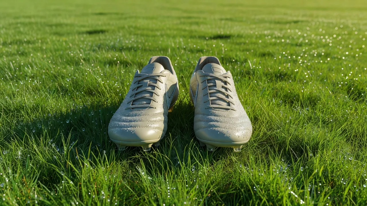 Football boots on wet vivid grass with morning dew