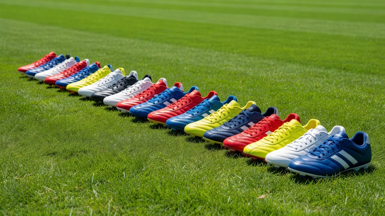 Football boots in a row from small to large on bright grass in sunshine