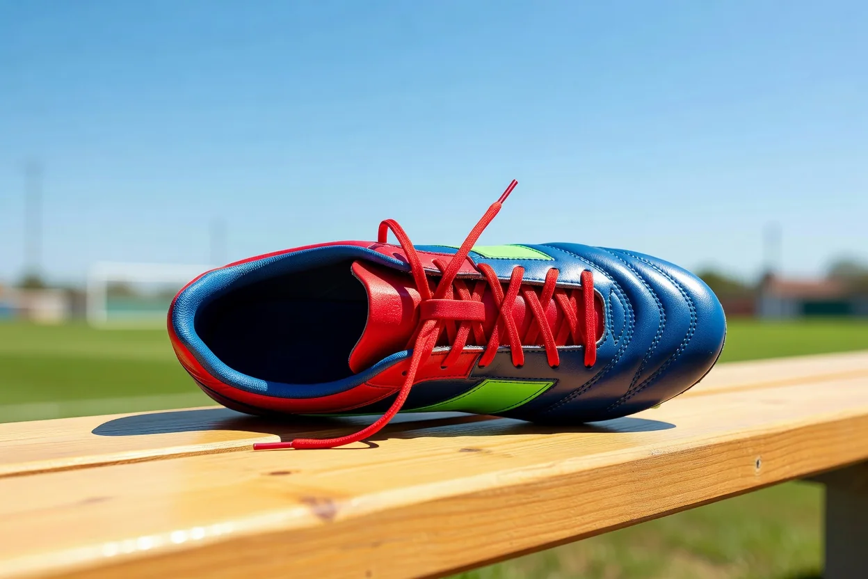 Single football boot with laces loosened wide open on a bright bench