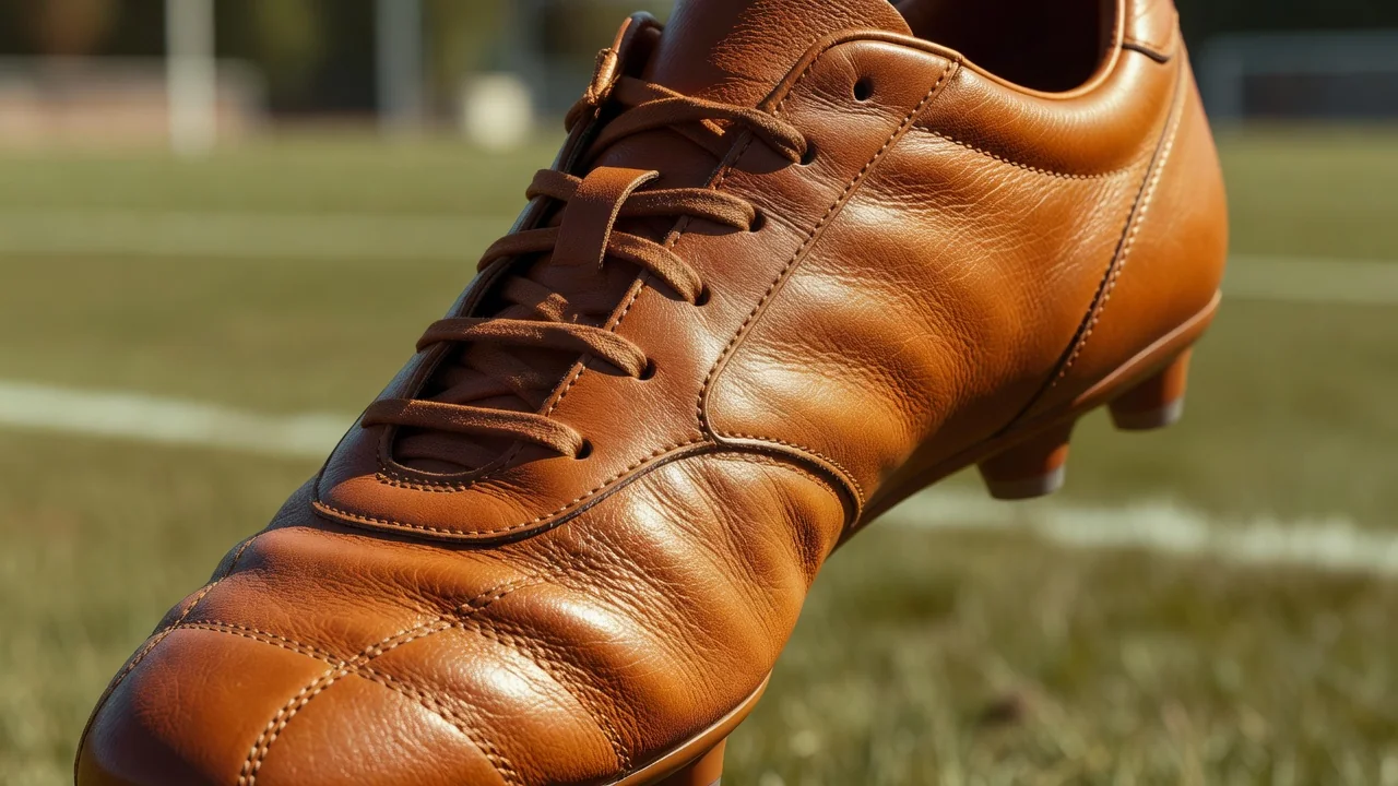 Close-up of a supple leather football boot upper flexing in daylight
