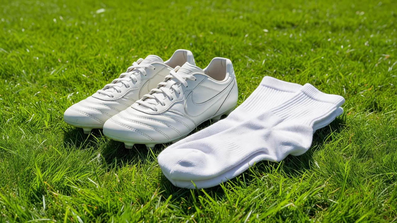 Football boots beside plain white sports socks on bright grass