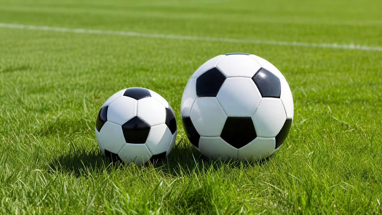 A small soccer ball next to a full size ball on a bright pitch