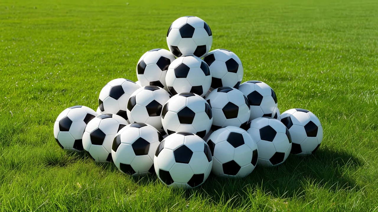 Soccer balls of different sizes stacked in a pyramid on vivid grass