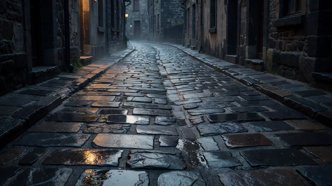 Rua de xisto húmida a refletir luz quente depois da chuva