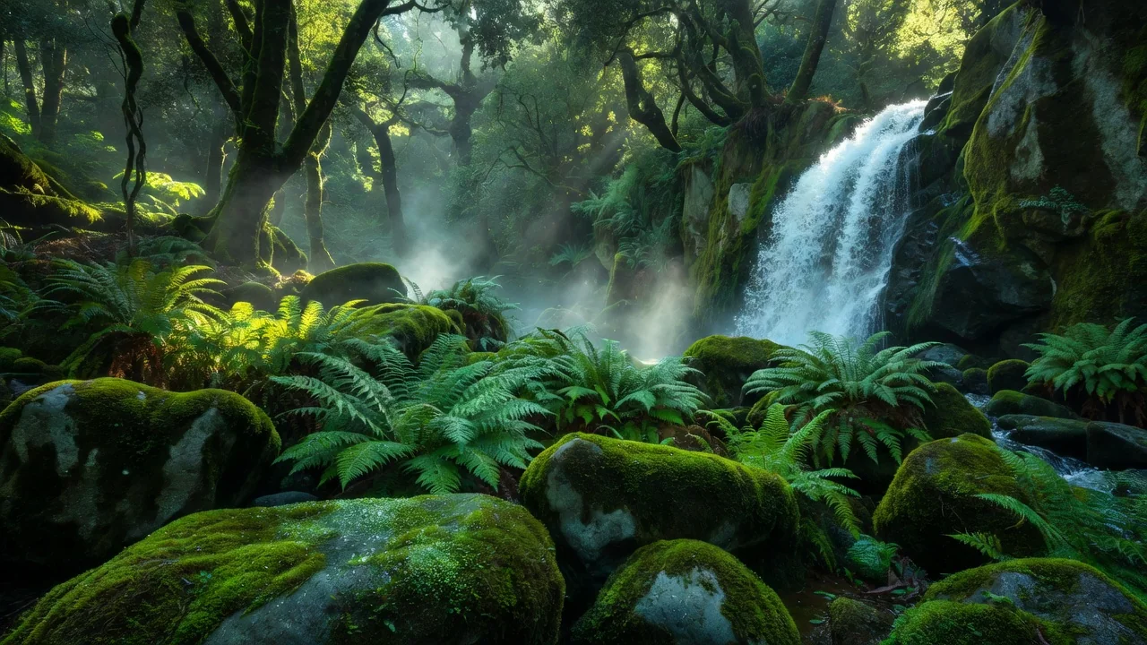 Musgo e fetos junto à cascata