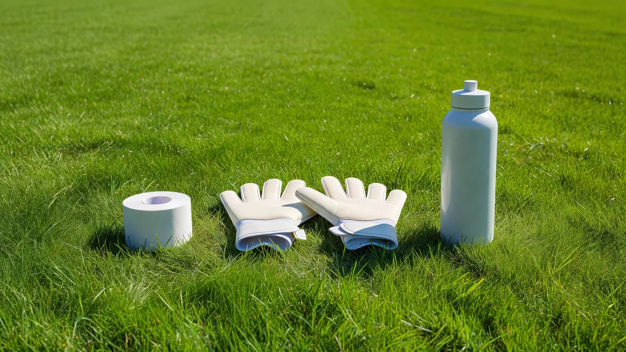 Roll of white athletic tape, gloves and a water bottle lined up on bright grass