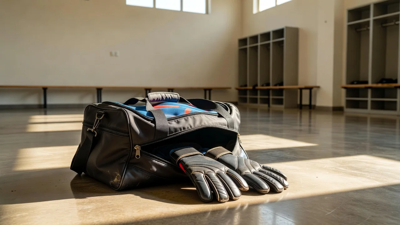 Sports bag with gloves spilling out on the floor of a bright empty dressing room
