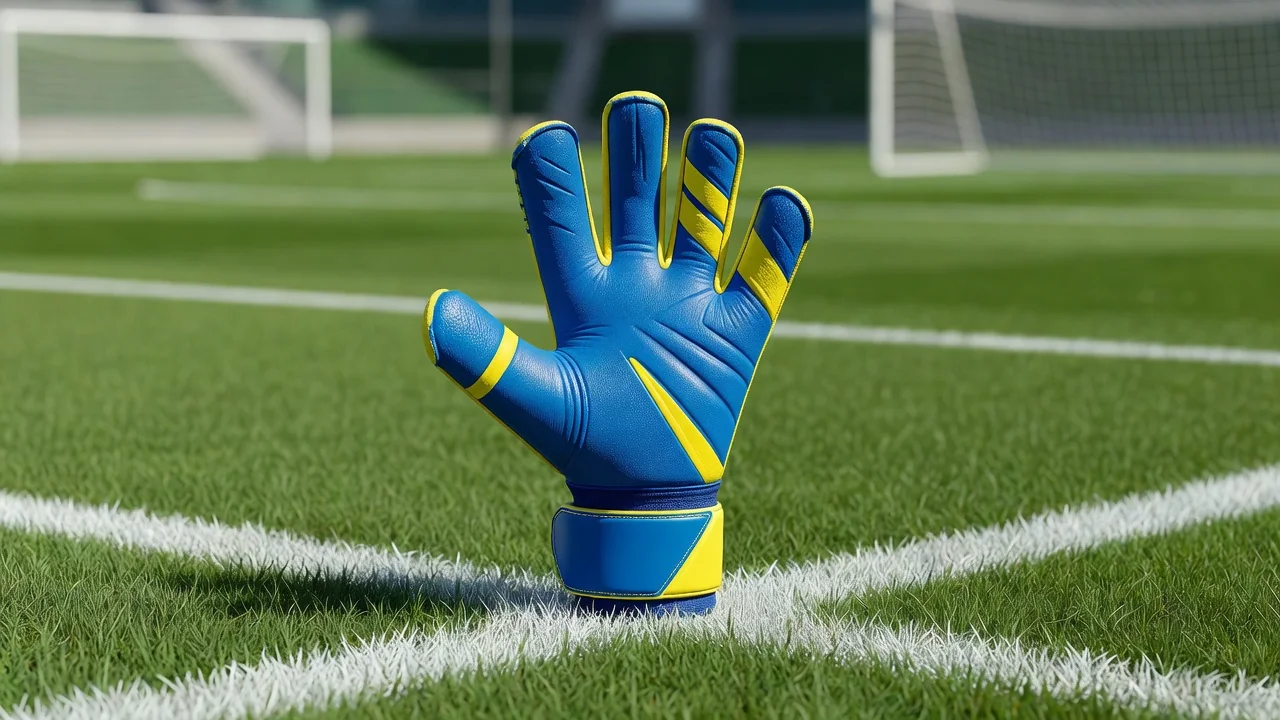 A goalkeeper glove standing upright on the goal line in bright daylight