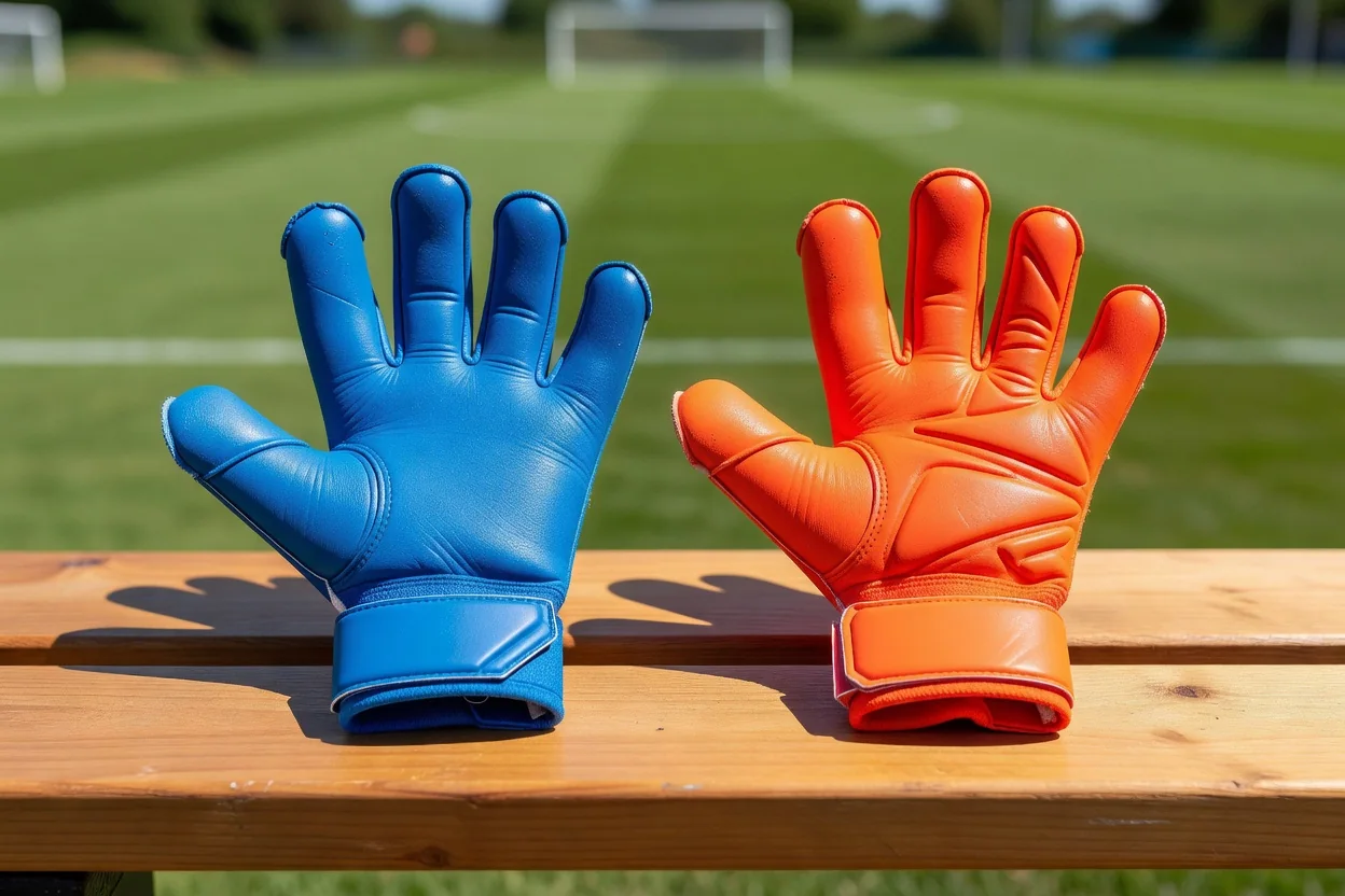 Two goalkeeper gloves of different colours side by side on a bright bench