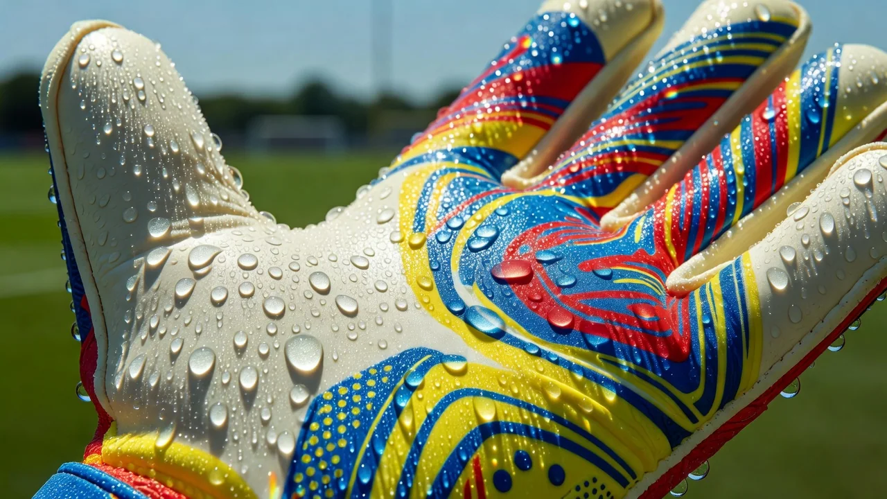 Goalkeeper glove palm with water droplets beading on the latex