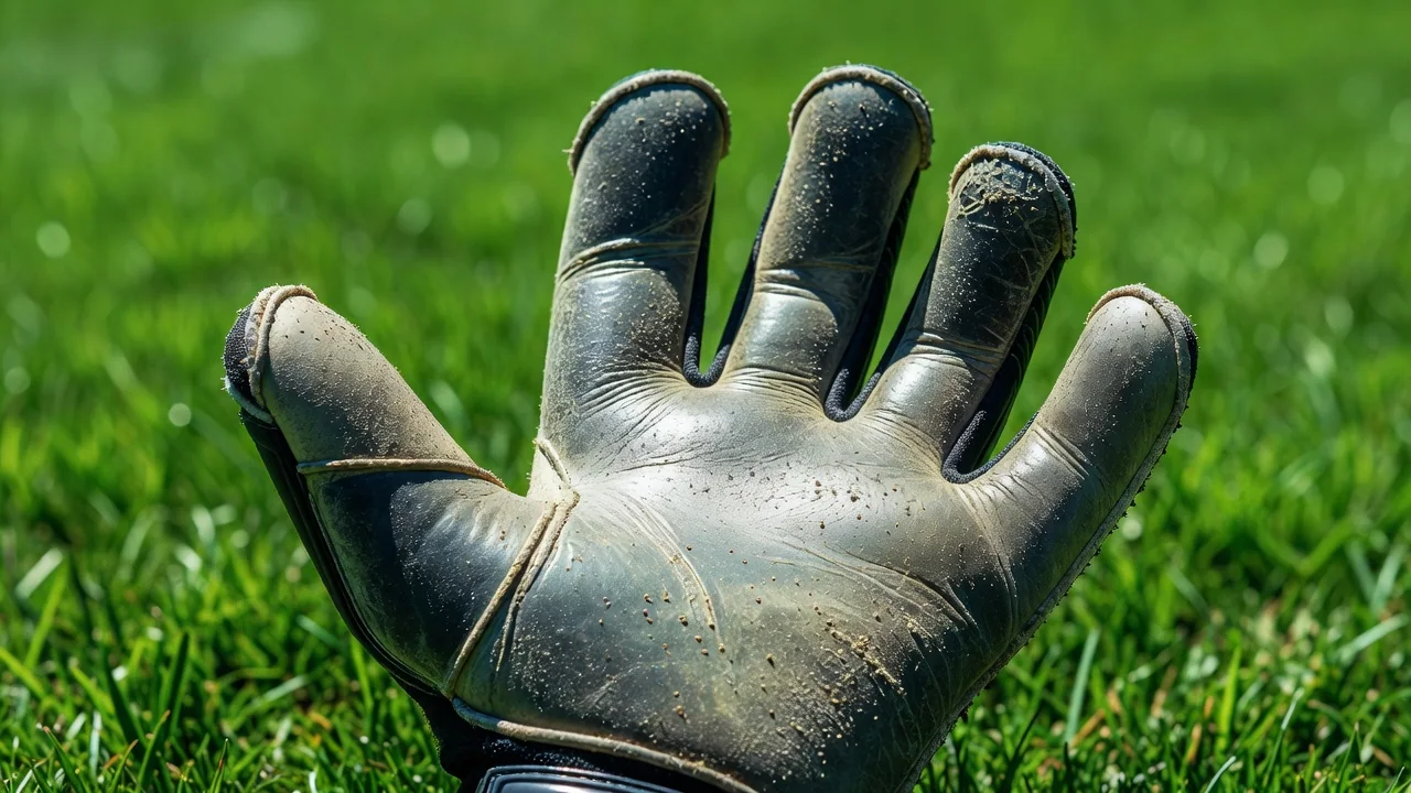 Worn goalkeeper glove latex palm with small scuffs in daylight
