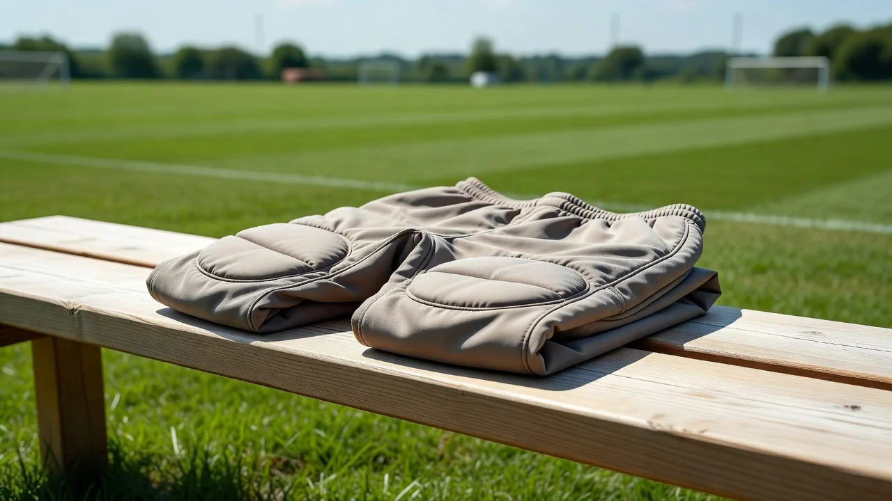 Padded goalkeeper trousers folded on a bright bench in daylight