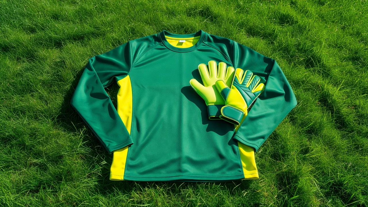 Goalkeeper jersey and gloves laid out flat on bright grass, top-down view