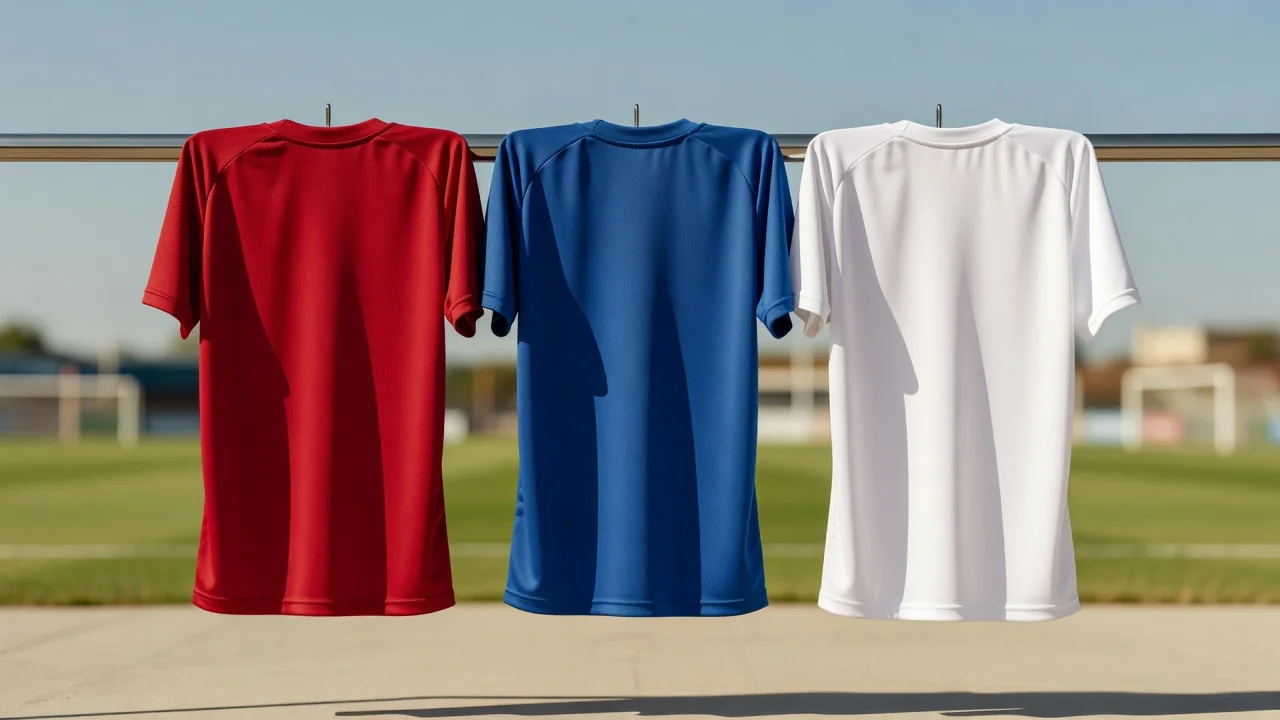Three plain football shirts hanging evenly spaced on a bright rail
