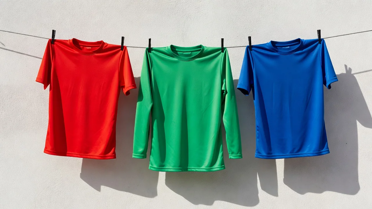 A plain vivid goalkeeper green shirt hanging beside two outfield shirts