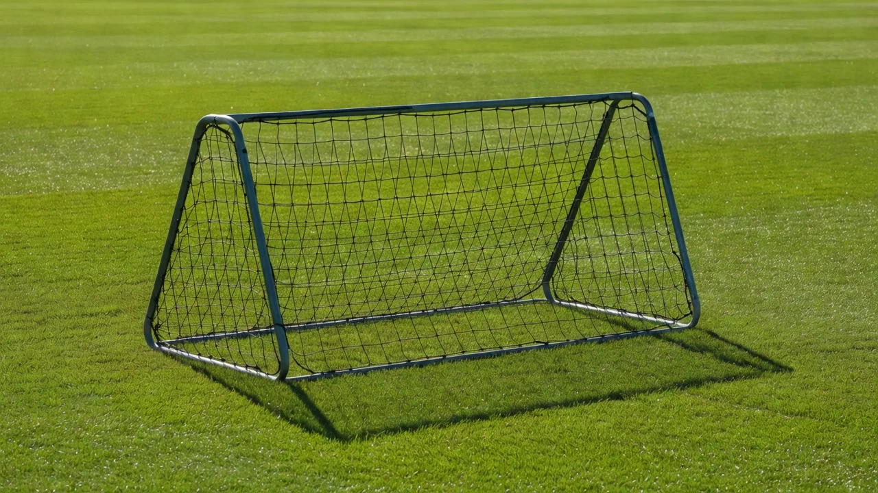 A football rebound net standing on a vivid training pitch in daylight