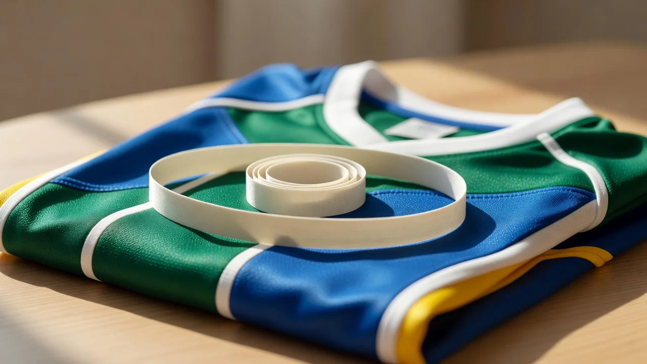 A soft measuring tape coiled on a plain folded football shirt