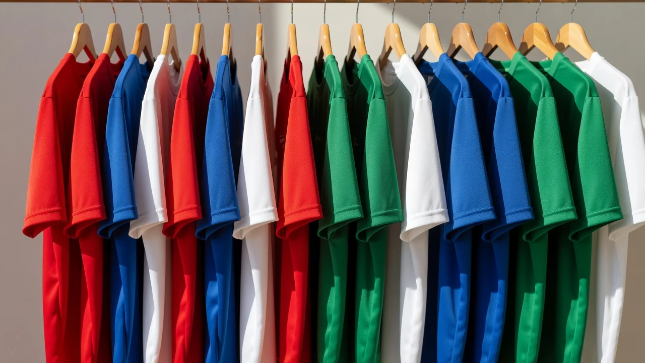 Hangers with plain football shirts in a row from small to large