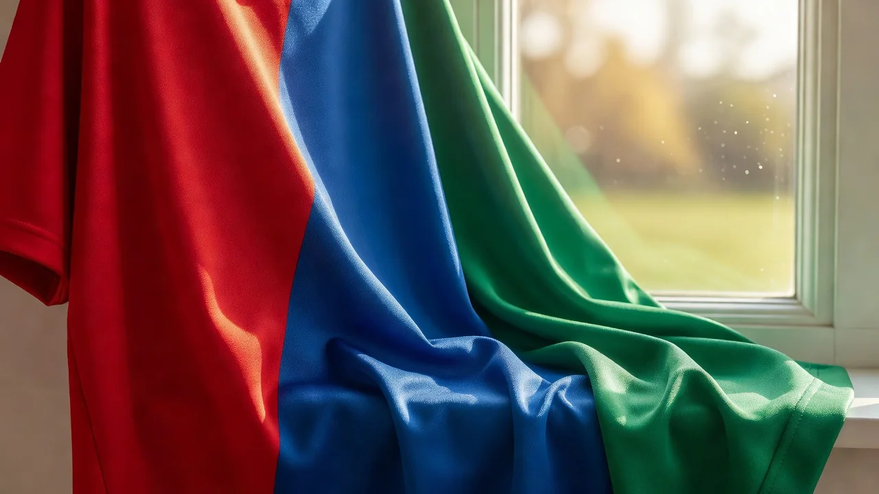 Plain football shirt fabric draped in soft folds in bright window light
