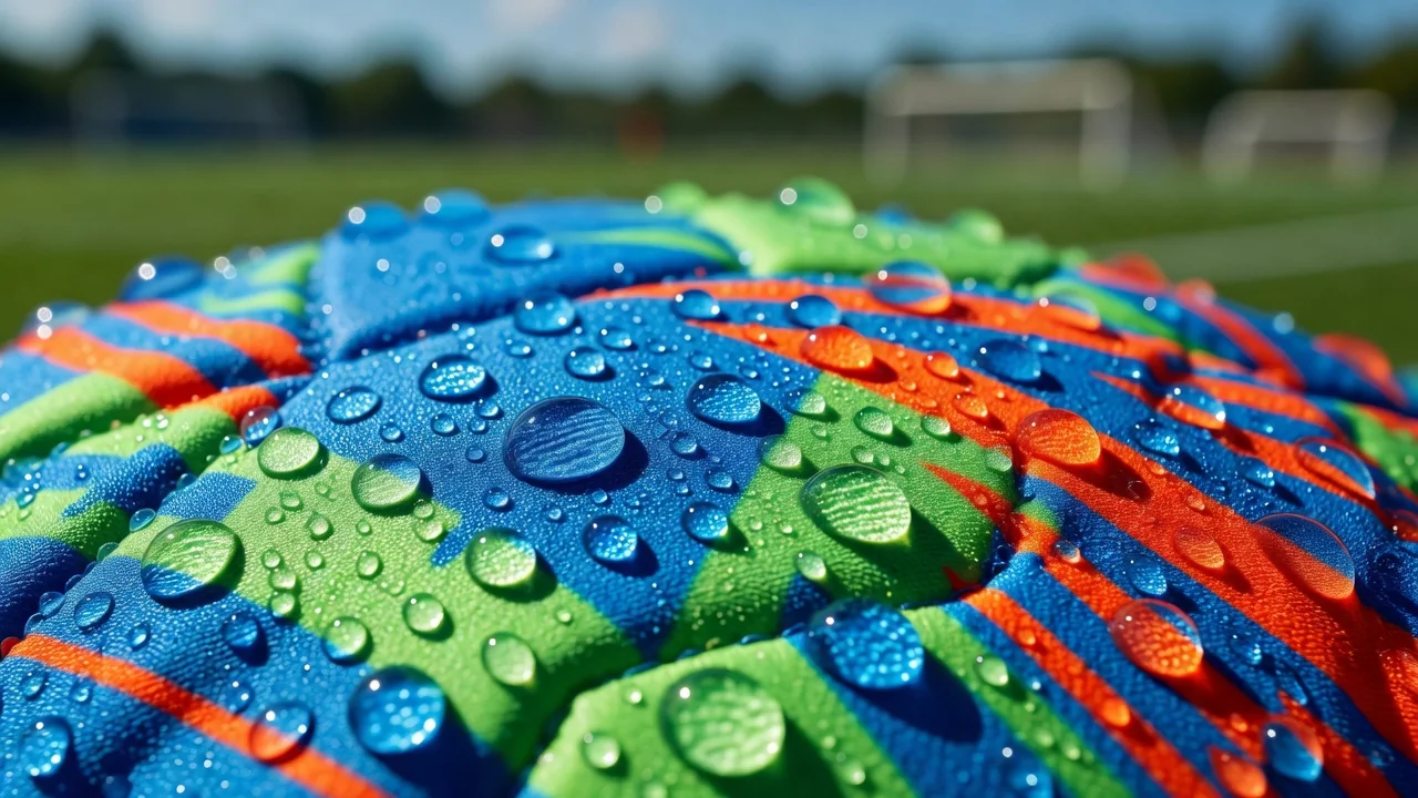 Water droplets beading on vivid technical sports fabric in macro