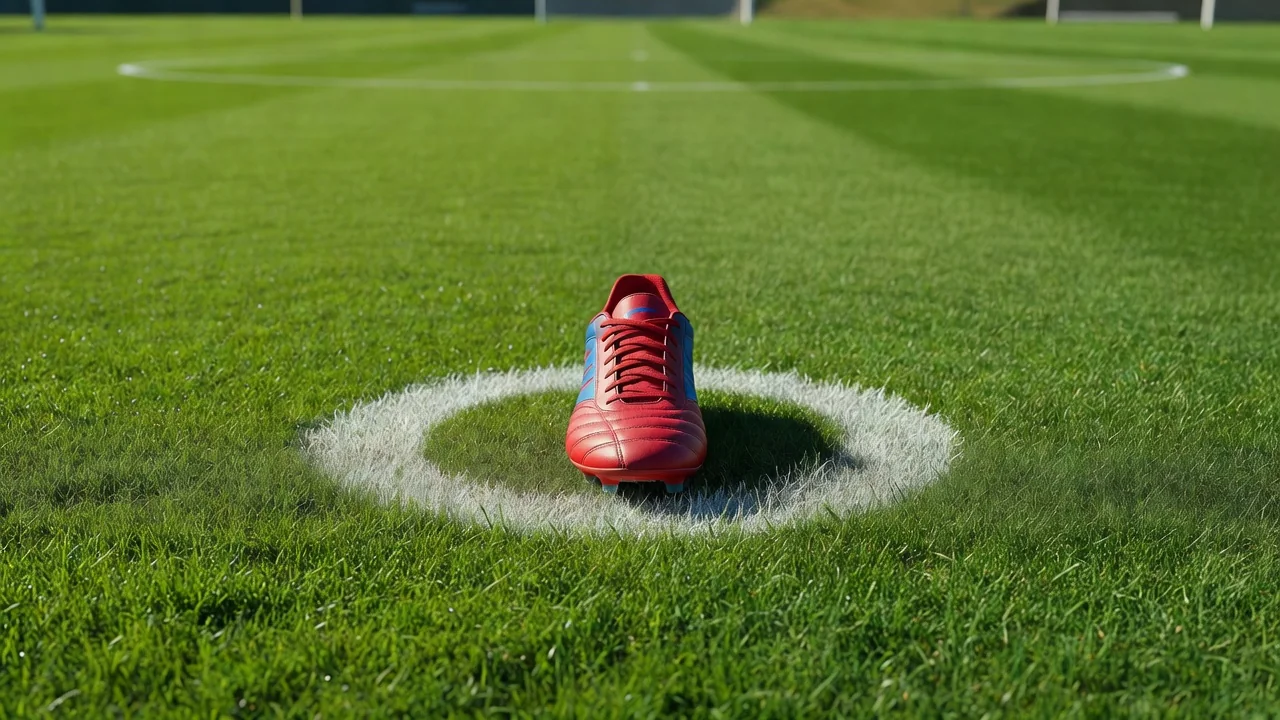 A vivid football boot standing on the penalty spot of a sunlit green pitch