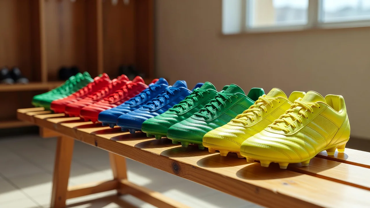 Football boots in different colours lined up on a bright locker room bench