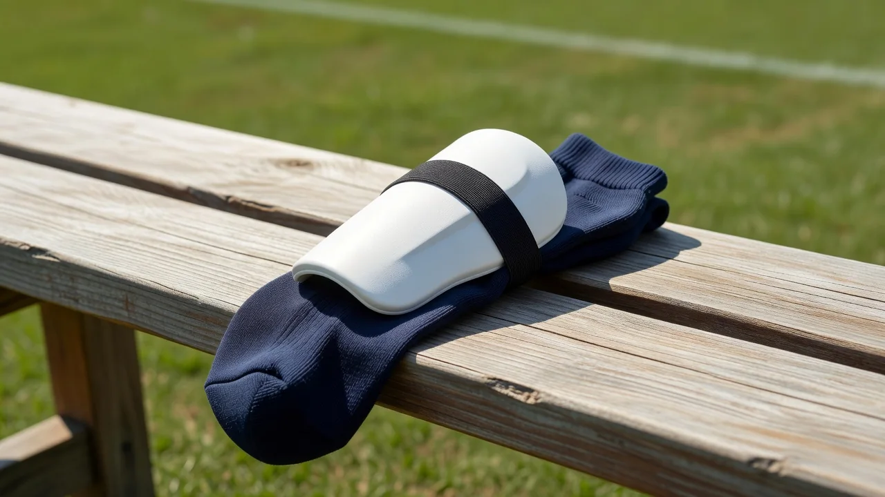 A shin pad over a plain football sock on a bright bench