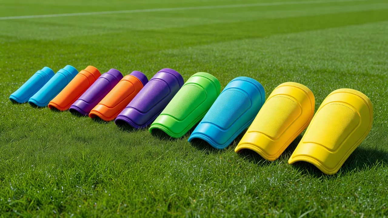 A row of shin pads in different sizes on bright grass