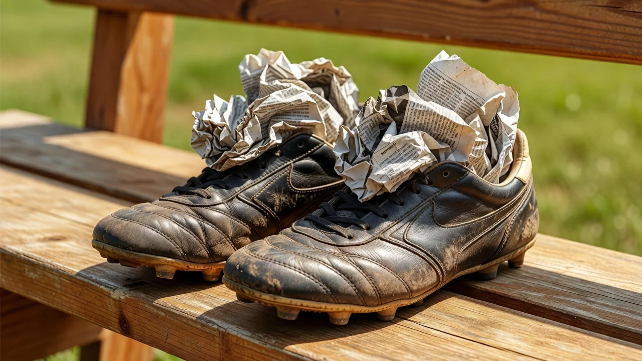 Football boots stuffed with crumpled newspaper drying in bright sunlight