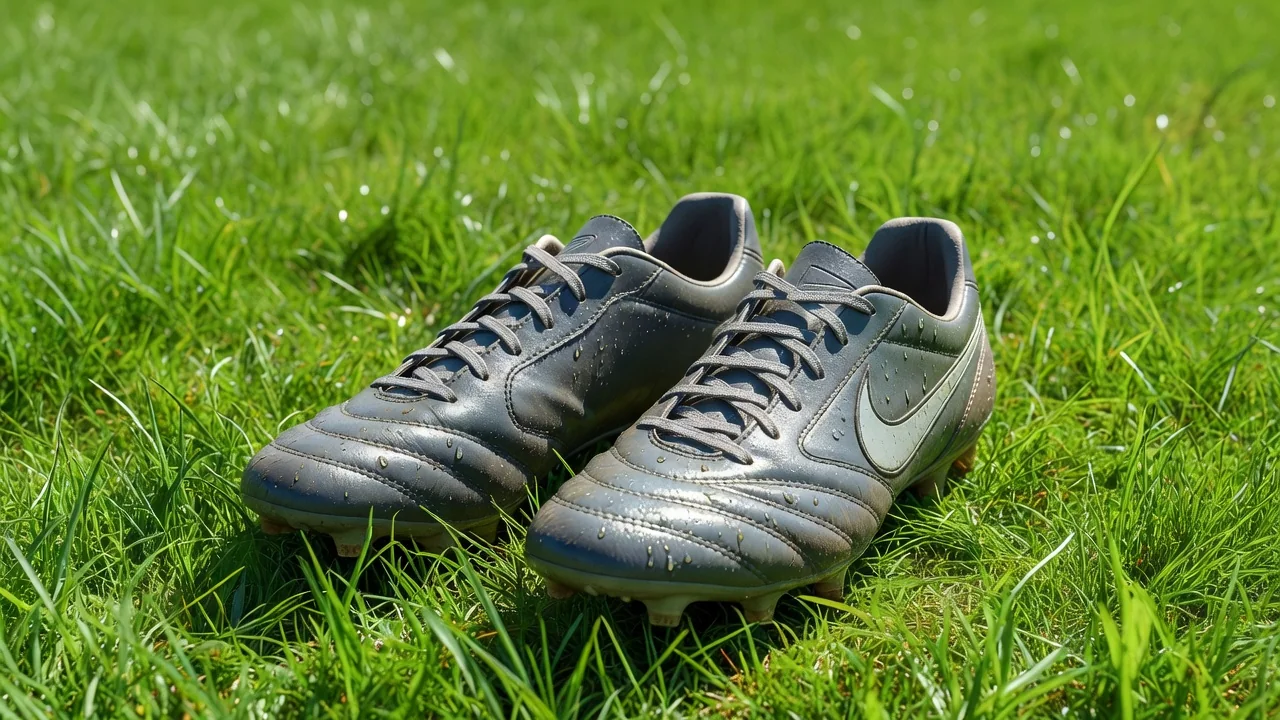 Clean football boots drying on bright grass in the sun