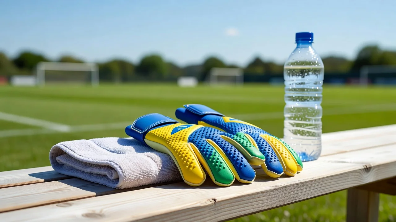 Goalkeeper gloves beside a small towel and a water bottle on a bright bench