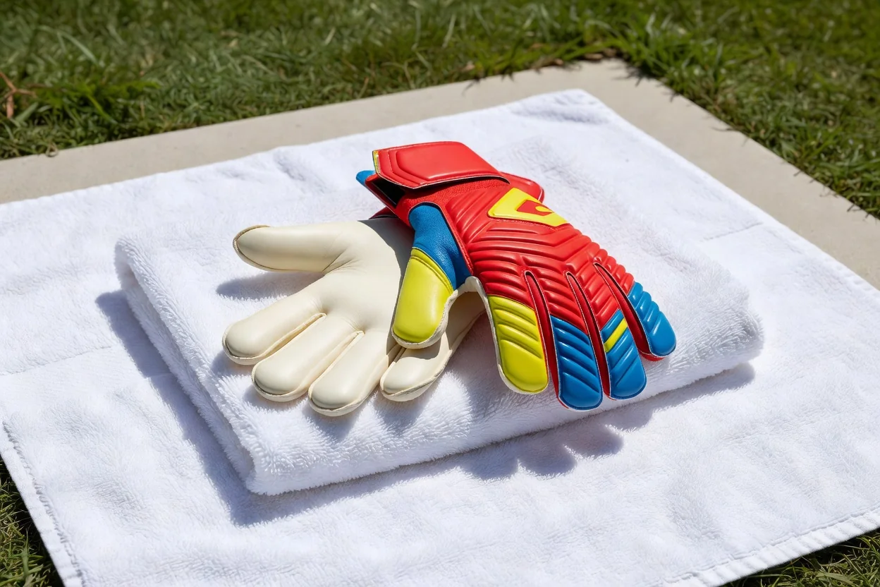 Clean vivid goalkeeper gloves resting on a white towel in bright sunlight