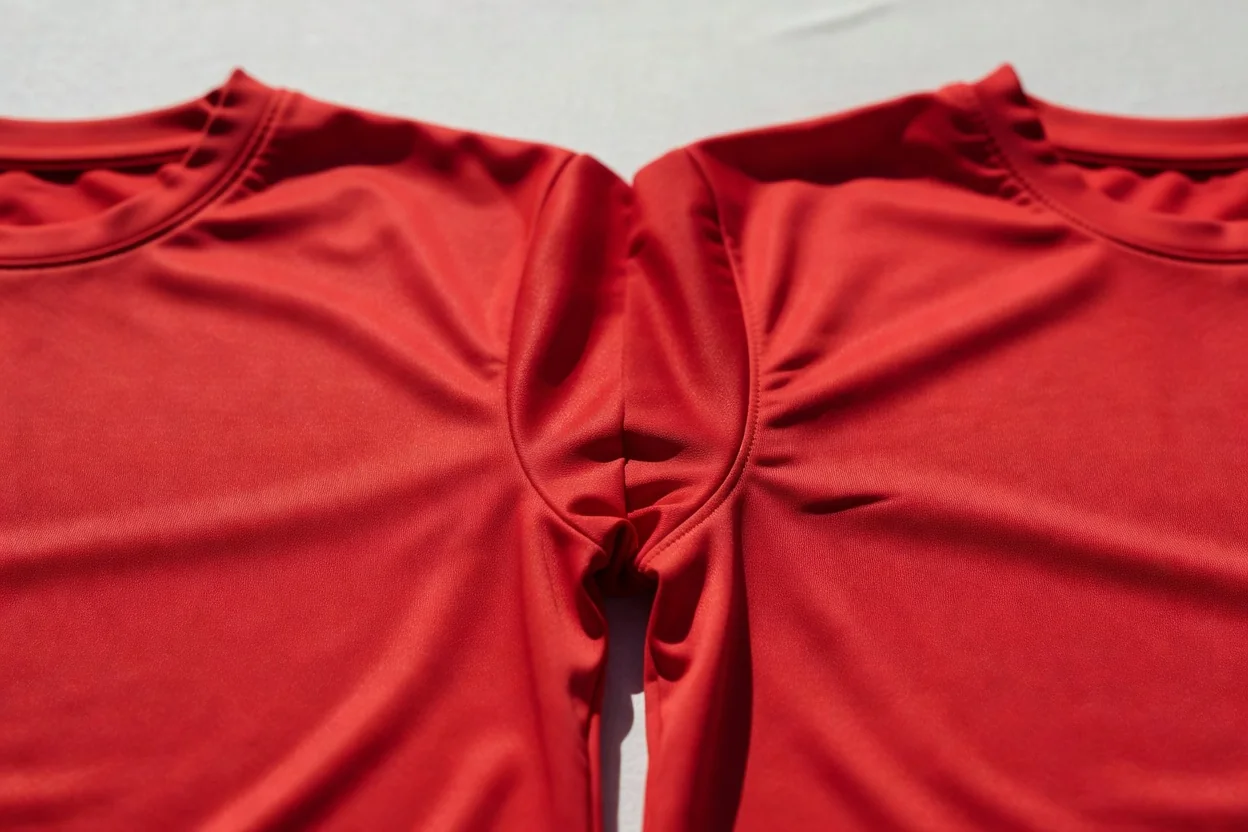 Two similar plain football shirts side by side, one neat and one with crooked stitching