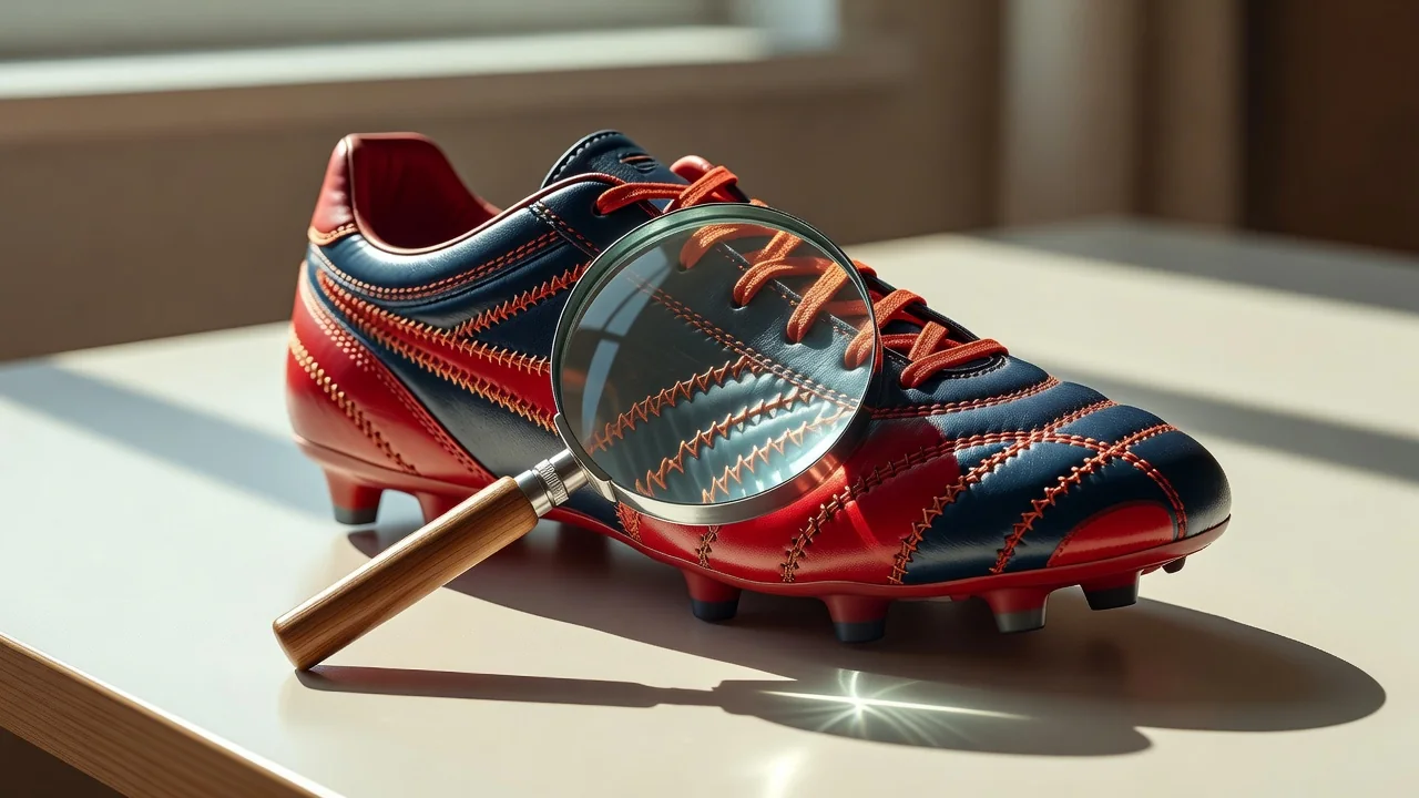 Magnifying glass held over football boot stitching on a bright table