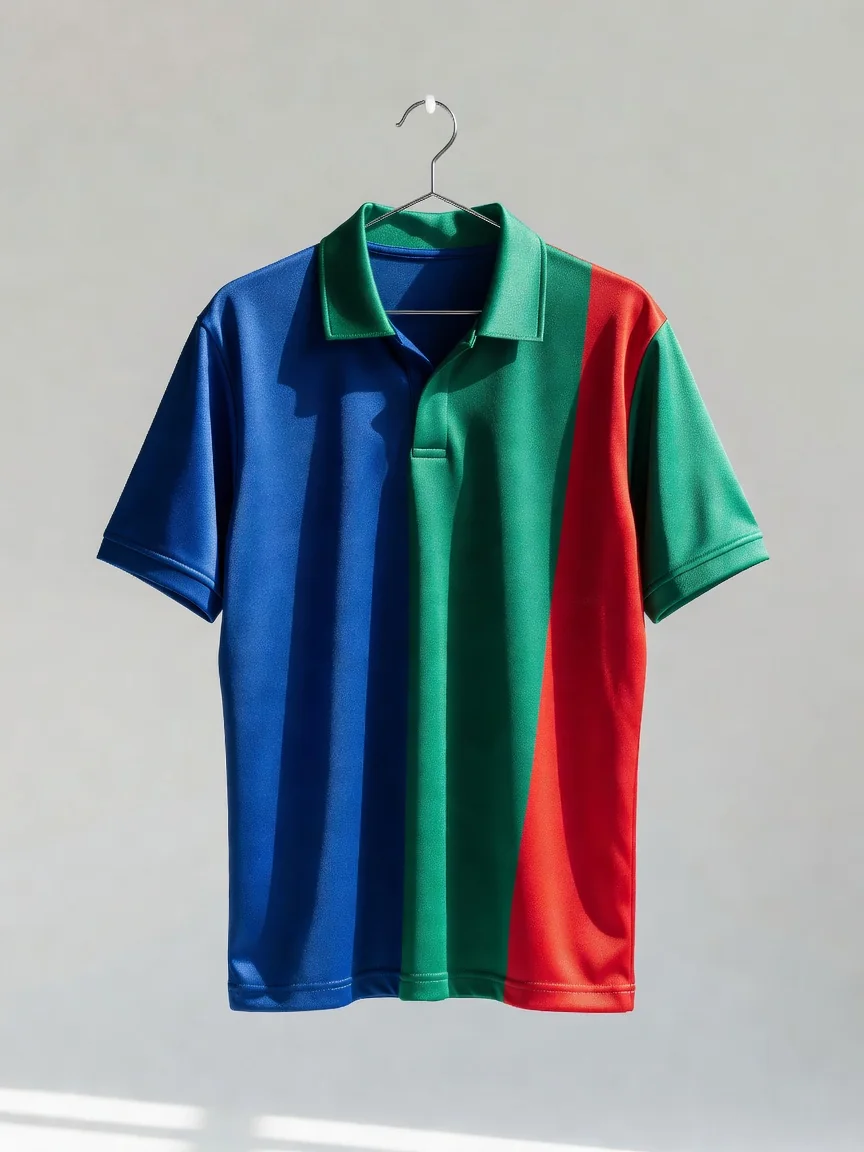 A plain vivid football shirt with a classic collar on a hanger in daylight