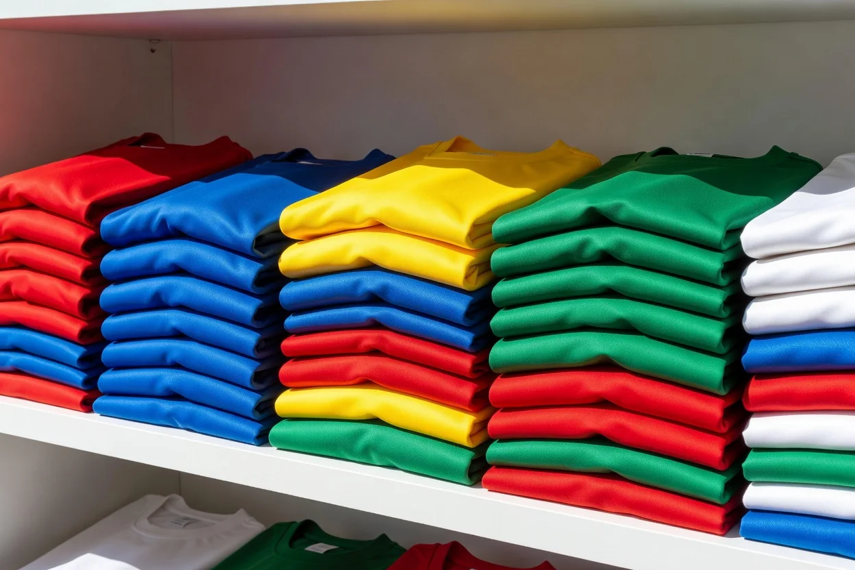 Folded plain football shirts in different colours stacked on a bright shelf