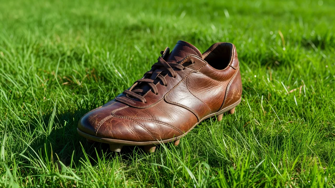 Leather football boot with wear creases on bright grass
