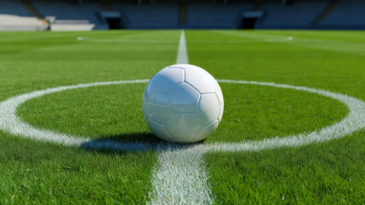 A glossy new soccer ball on the centre spot of a vivid pitch