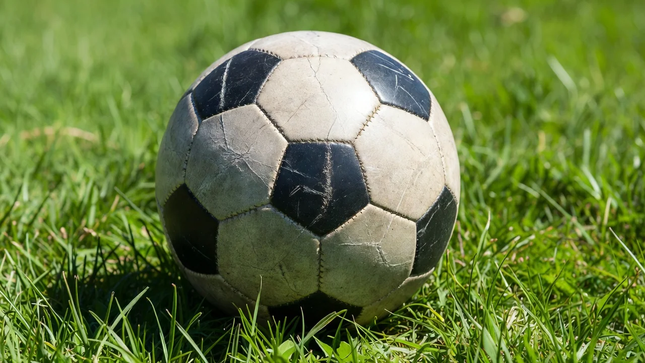 A worn scuffed training soccer ball on bright grass
