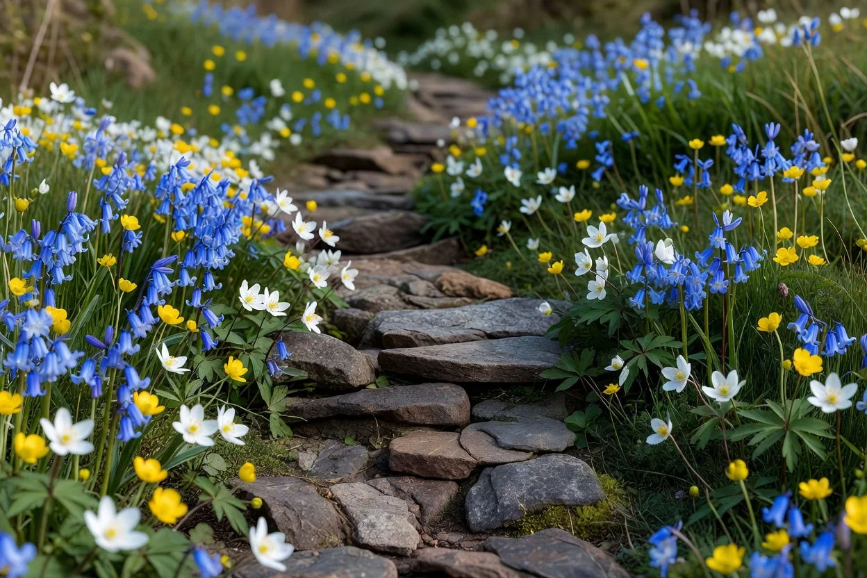 Flores silvestres ao longo de caminho de xisto na primavera