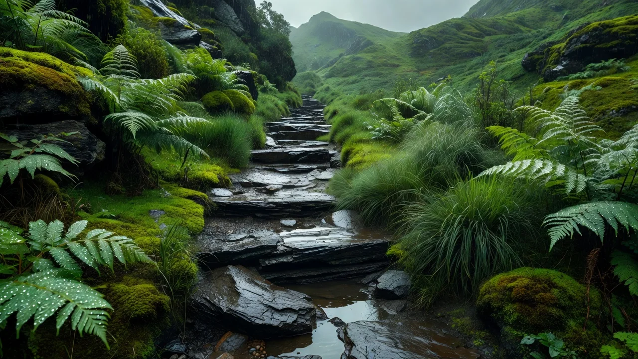 Caminho de xisto húmido e vegetação de serra