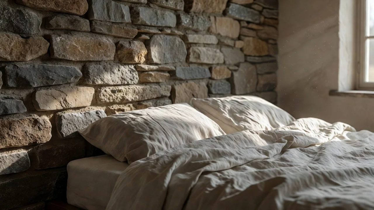 Interior de quarto rústico com parede de xisto e roupa de cama de linho