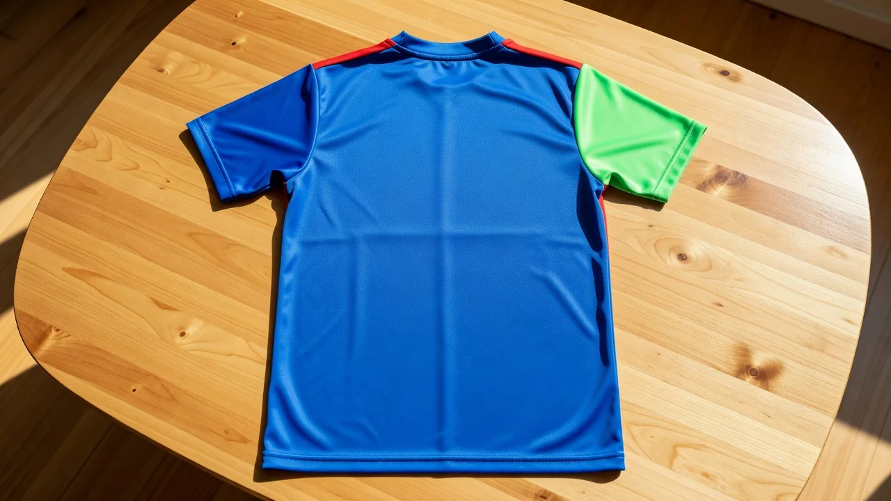 A plain vivid football shirt laid flat on a bright wooden table