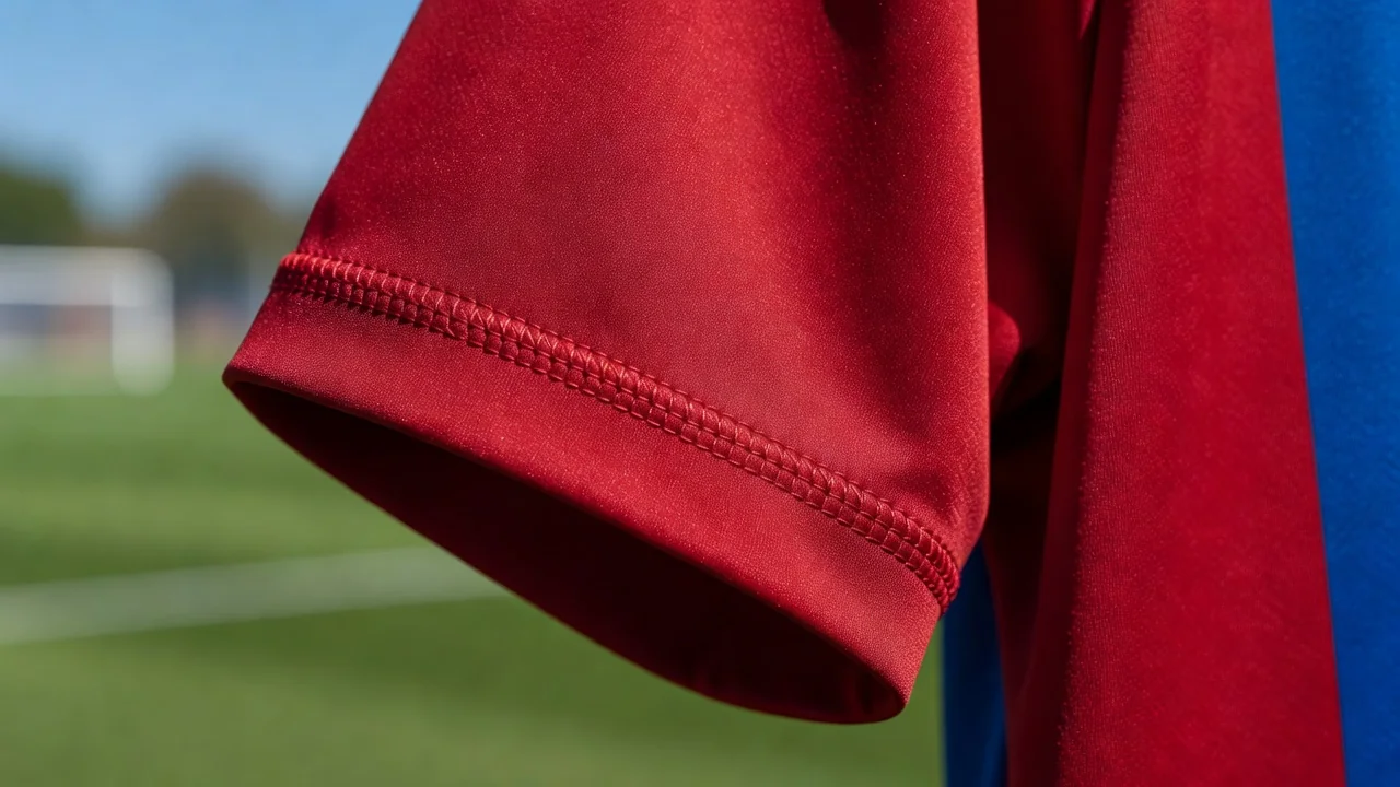 Close-up of football shirt cuff stitching in bright macro