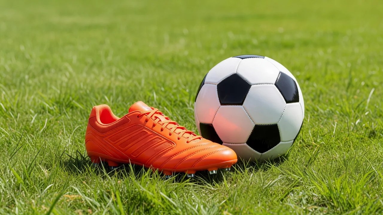 A vivid orange football boot next to a classic ball on bright grass