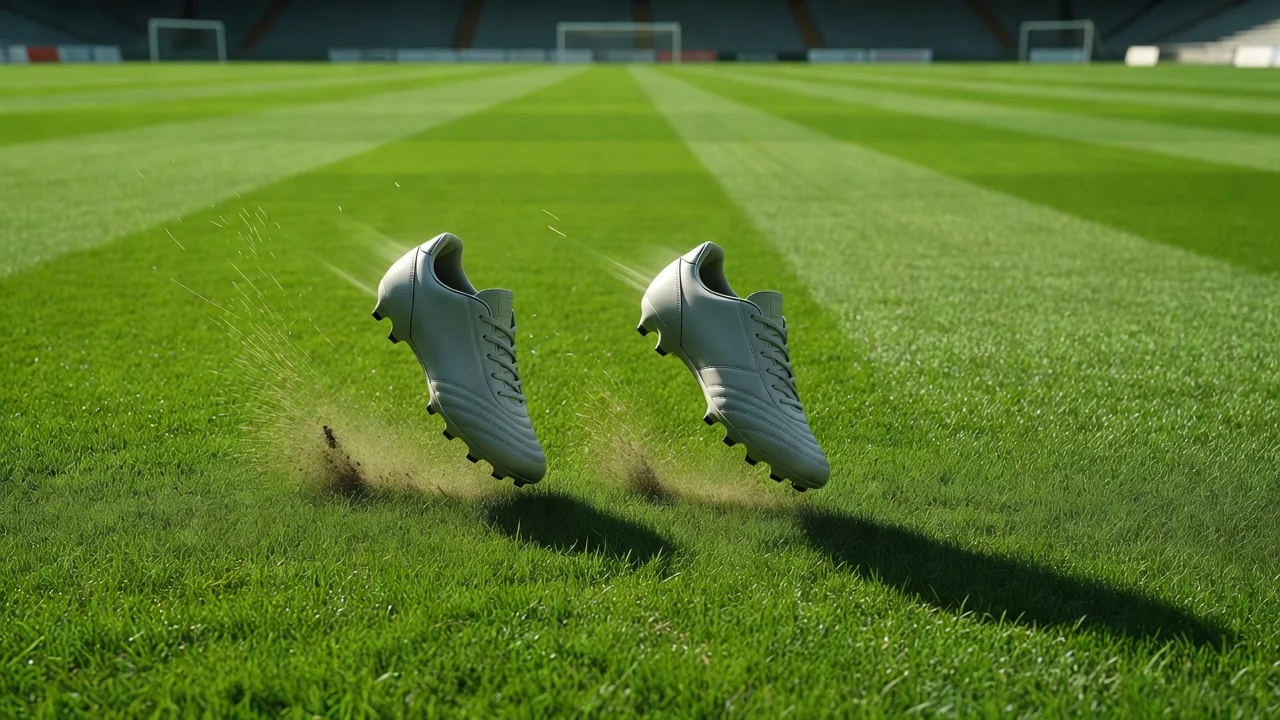 Two football boots side by side on a vivid green pitch
