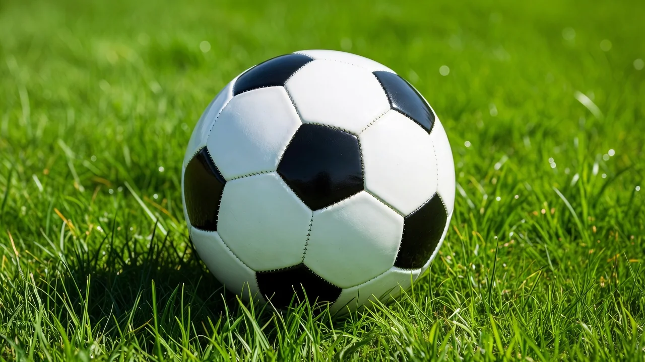 Football panels with visible stitching in bright macro on vivid grass